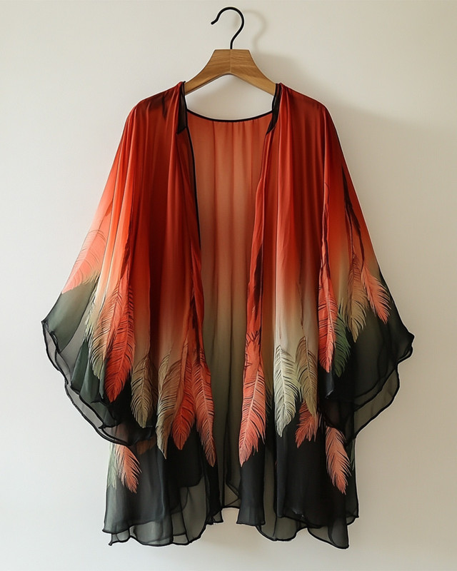 Summer comfortable handmade feather theme embroidery print gradient color cardigan