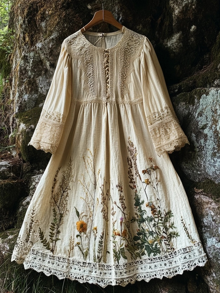 Vintage Floral Embroidered Linen Blend Lace Maxi Dress