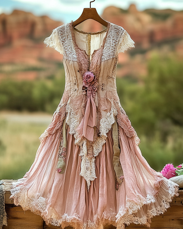 Summer Vintage Floral Lace Patchwork Orange Dress