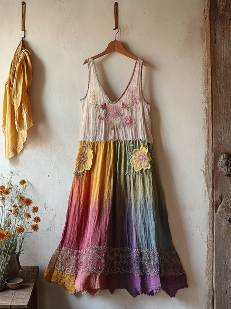 Retro Boho Floral Art Embroidery Print Lace And Linen V-neck Sleeveless Midi Dress