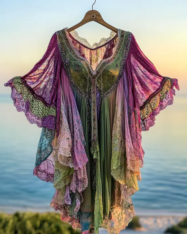 Summer Vacation Ruffle Lace Chiffon Contrast Dress