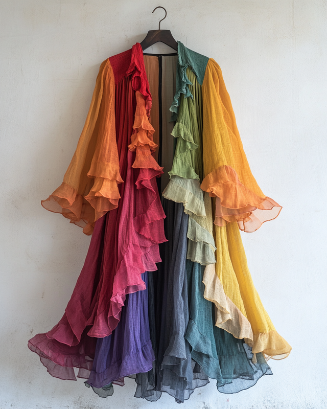 Color-Blocking Rainbow Ruffle Coat
