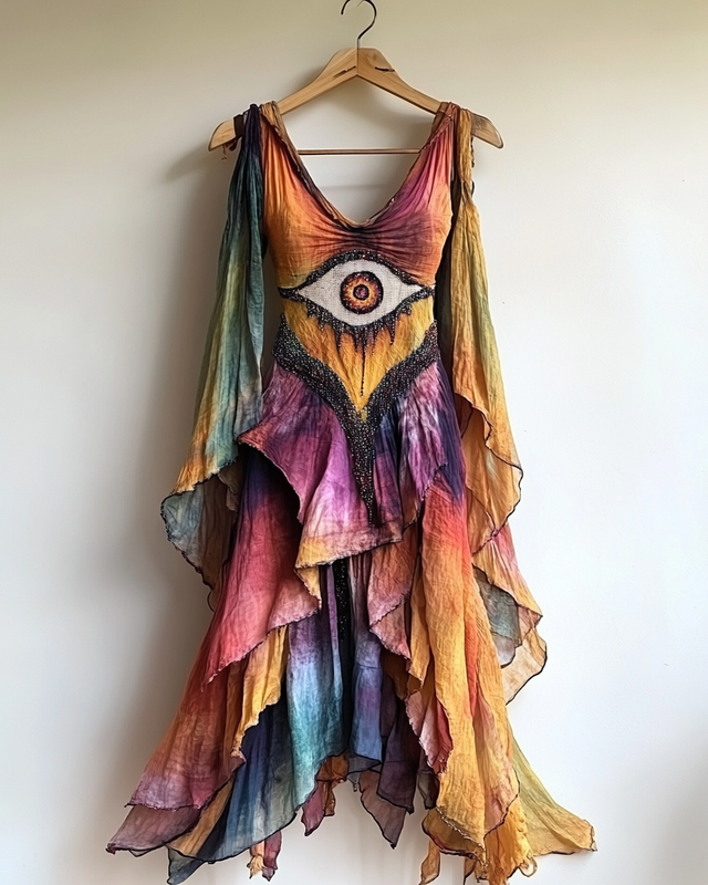 Vacation Evil Eye Handmade Color-Blocking Rainbow Irregular Maxi Dress