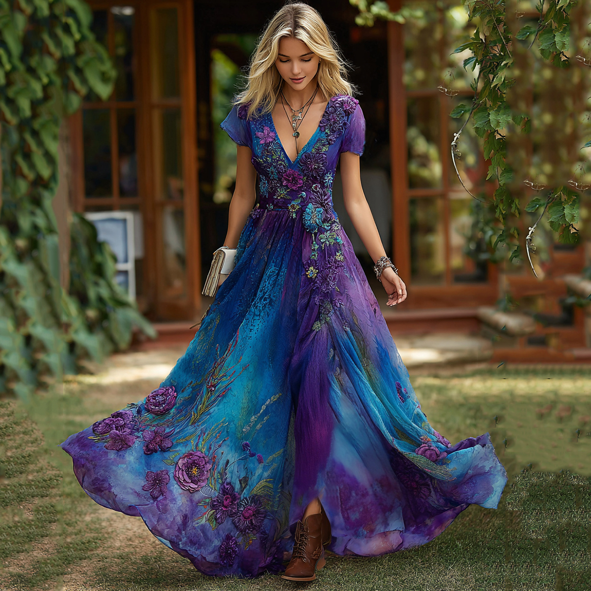 Vintage Purple And Blue Lavender Patchwork And Floral Embroidered Art Linen Maxi Dress