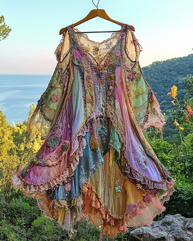 Summer Irregular Lace Patchwork Beaded Ruffle Dress