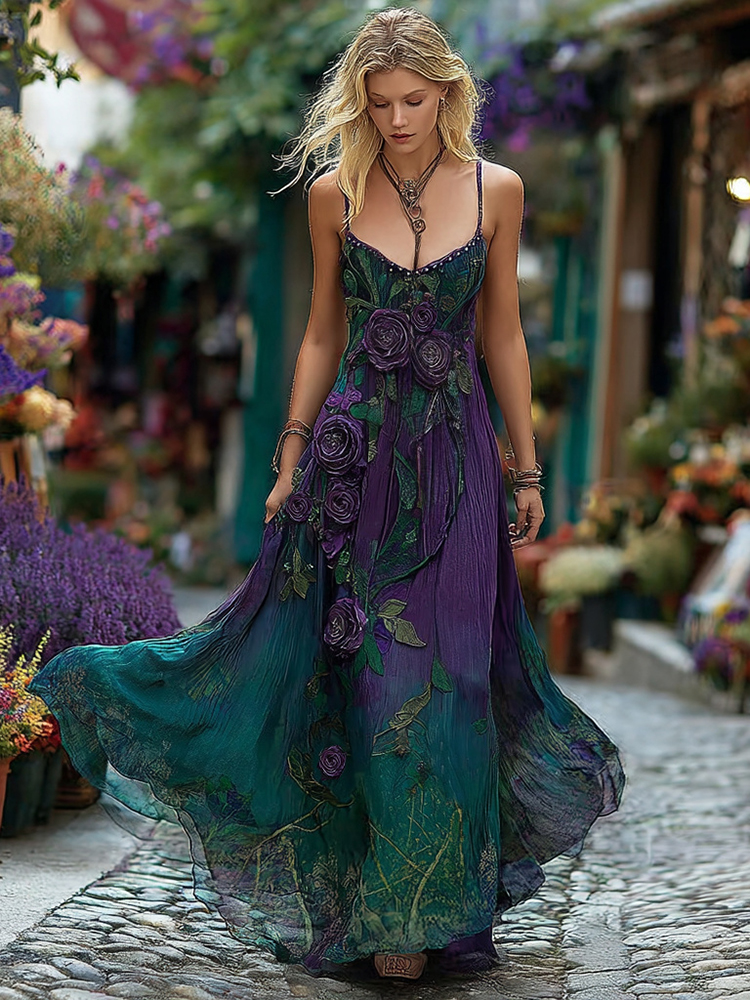 Women's Vintage Floral Embroidered Linen Maxi Dress