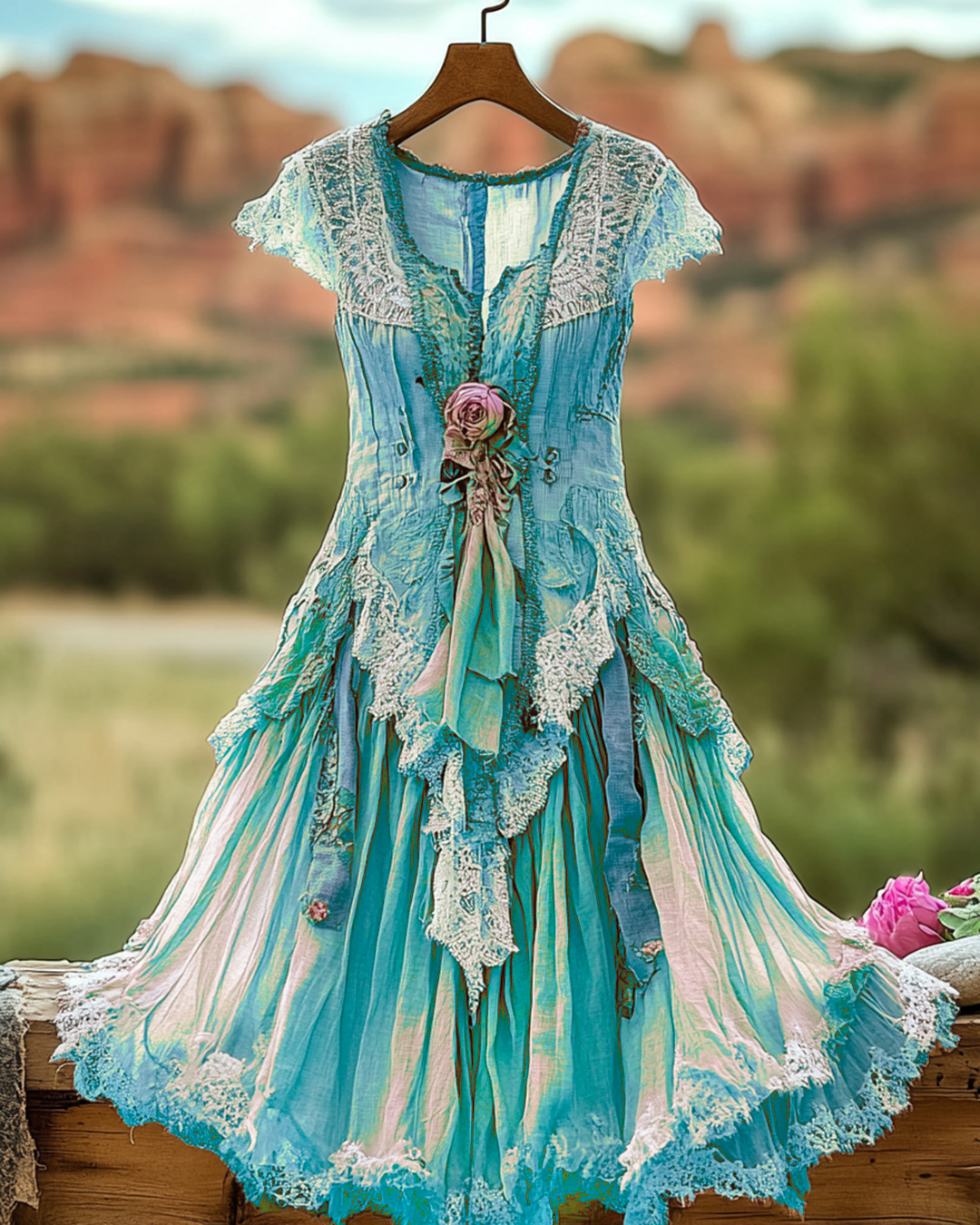 Summer Vintage Floral Lace Patchwork Orange Dress