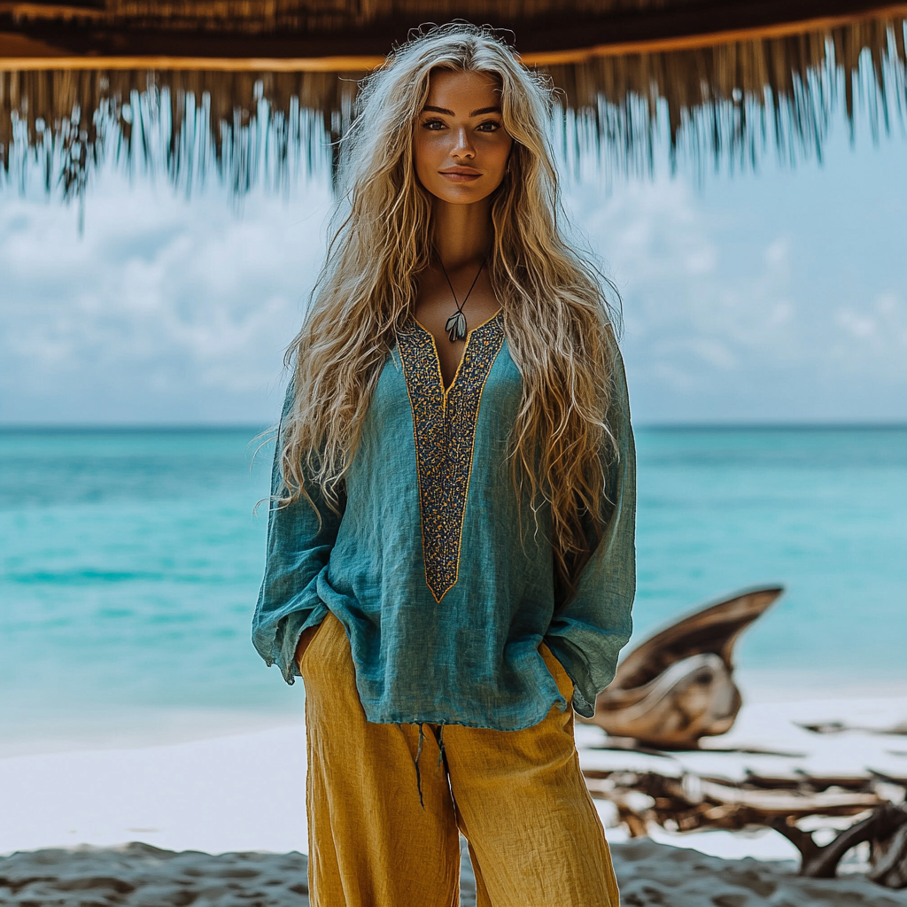 Vintage Bohemian Beach Vacation Linen Long-sleeved Top