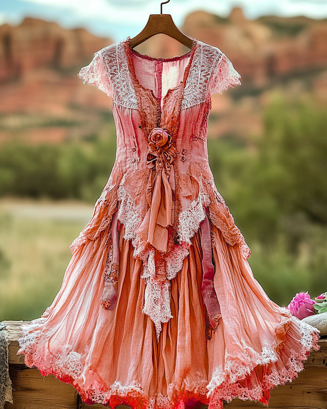 Summer Vintage Floral Lace Patchwork Orange Dress