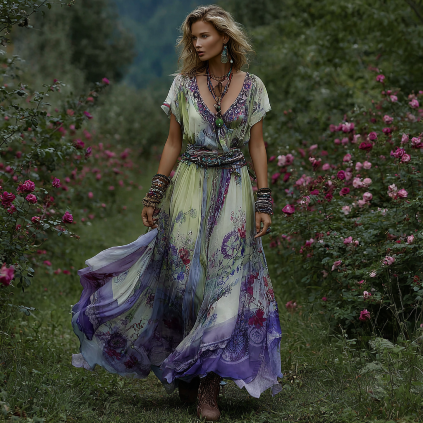 Vintage Gradient Purple Floral Embroidered Linen Short Sleeve Maxi Dress