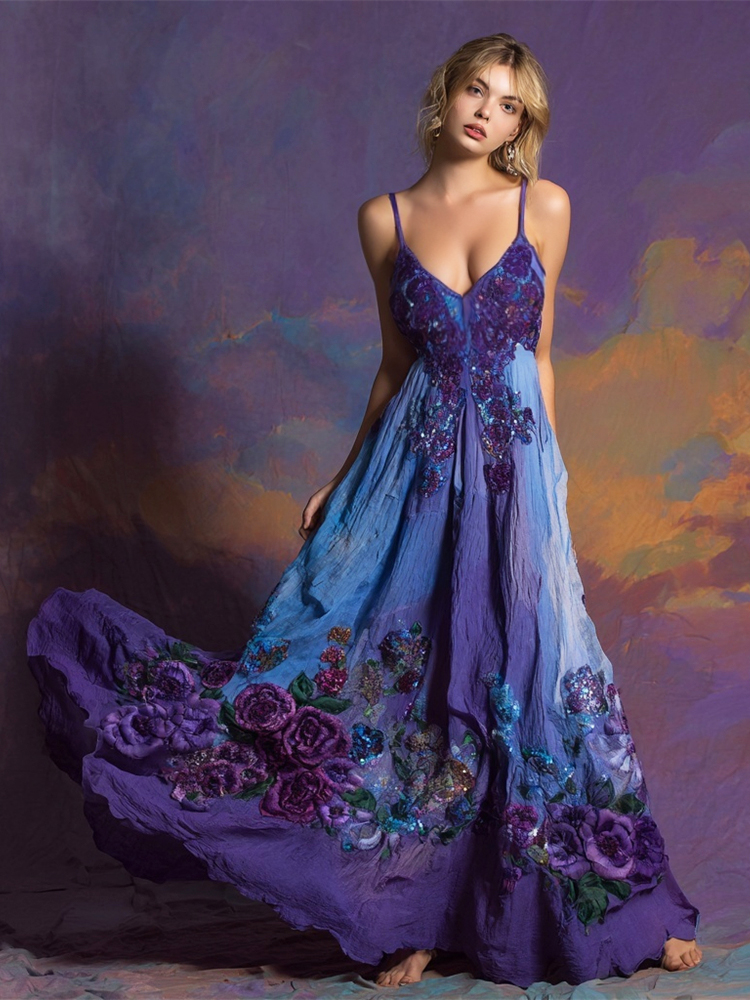 Vintage Boho Floral Embroidery Women's Spaghetti Strap Linen Maxi Dress