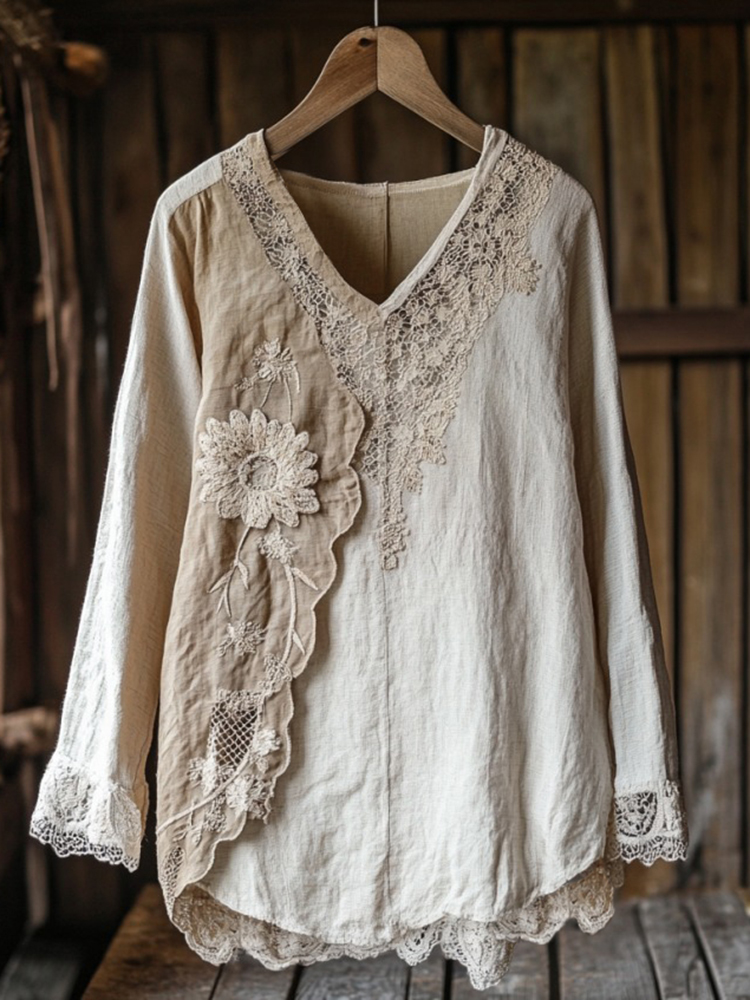 Women's Retro Floral Lace Patchwork Art V-neck Shirt