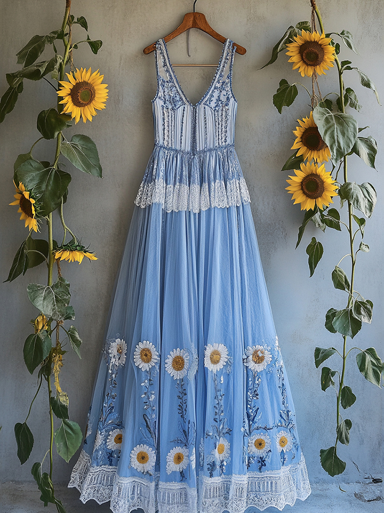 Vintage Bohemian Sunflower Chiffon Deep V Dress