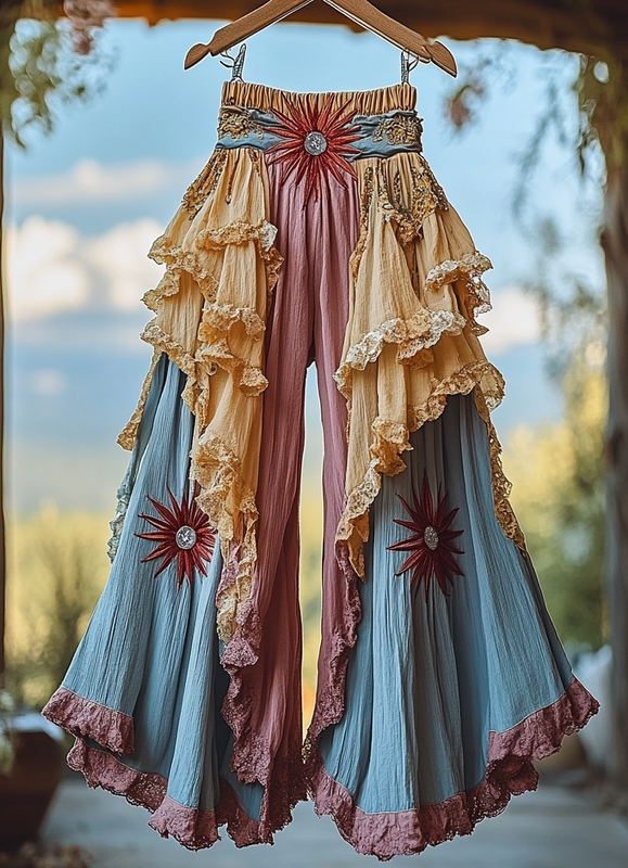 Summer ruffled cotton and linen patchwork contrast color pants