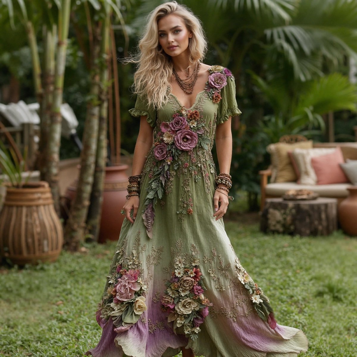 Women's Vintage Floral Embroidery Gradient Pattern V-neck Short Sleeves Maxi Dress