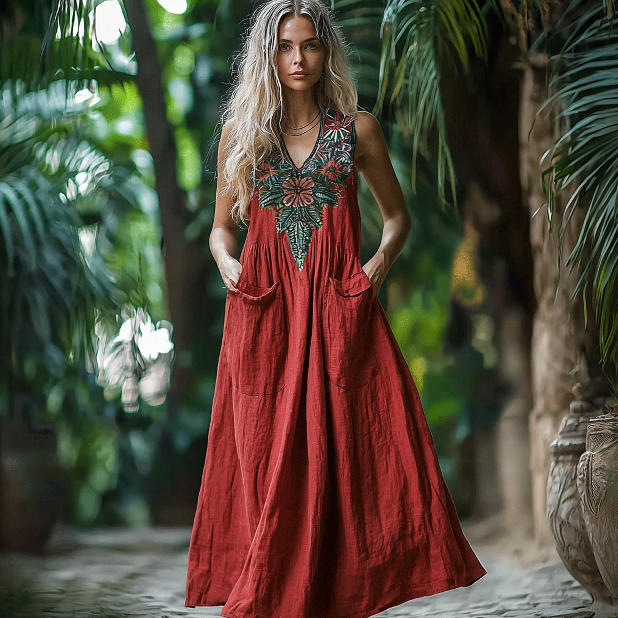 Women's Elegant Ethnic Floral Sleeveless Linen Maxi Dress