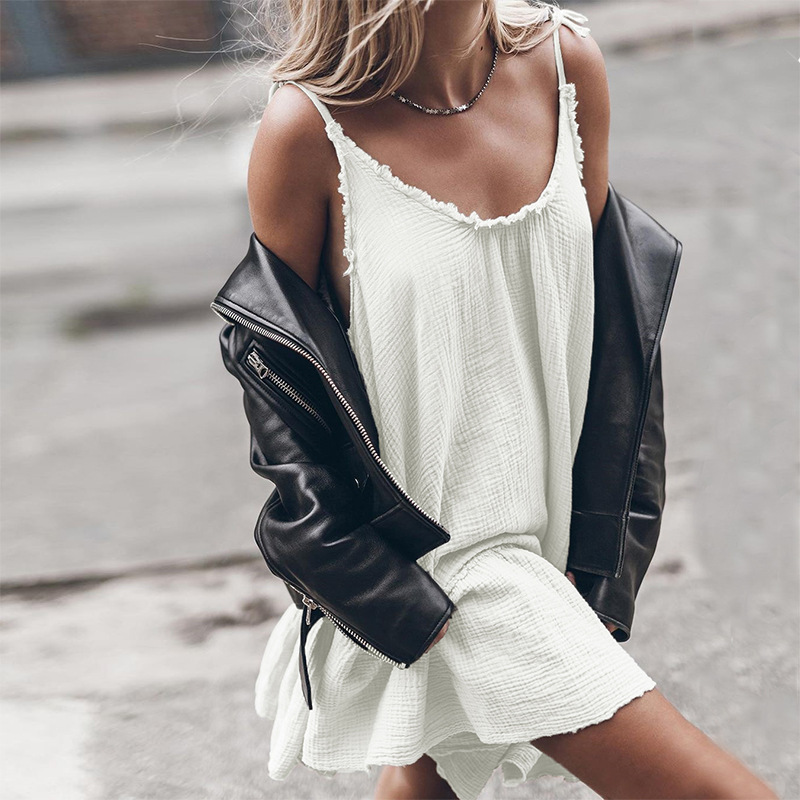 Summer Tassel Sexy Backless Suspender Solid Color Vest Mini Dress