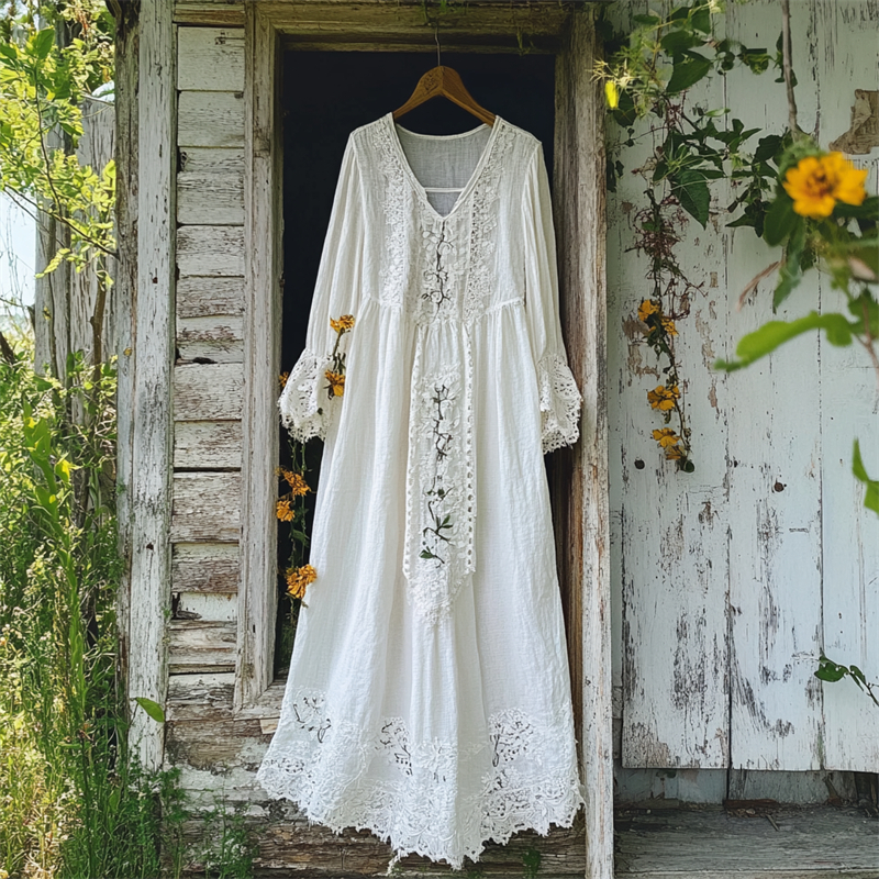 Vintage Floral Embroidered Lace Hem Linen Maxi Dress