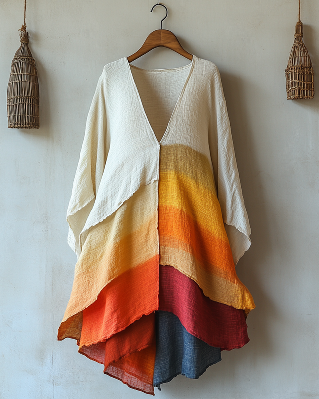 Summer rainbow contrast gradient cotton and linen mid-sleeve dress