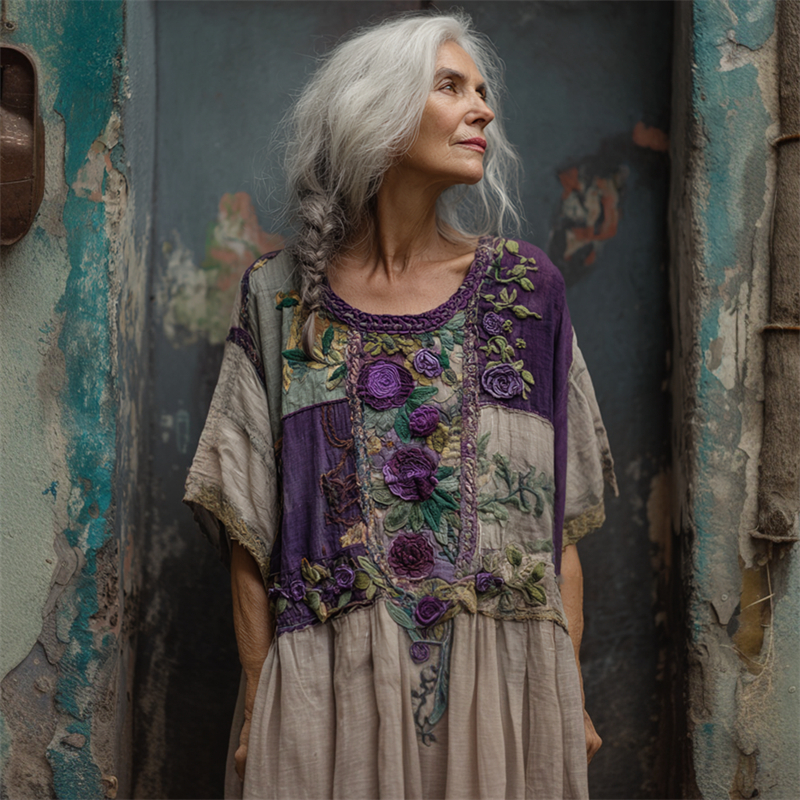 Vintage Cottagecore Purple Roses Embroidered Patchwork Linen Maxi Dress