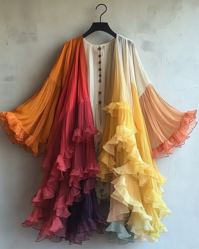 Color-Blocking Rainbow Ruffle Coat