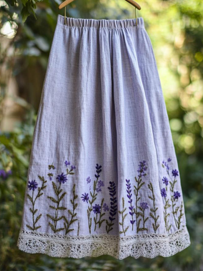 Women's Purple Lace Flowers Embroidery Art Linen Blend Skirt