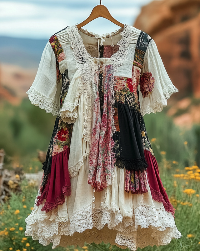 Summer Vintage Floral Lace Patchwork Top