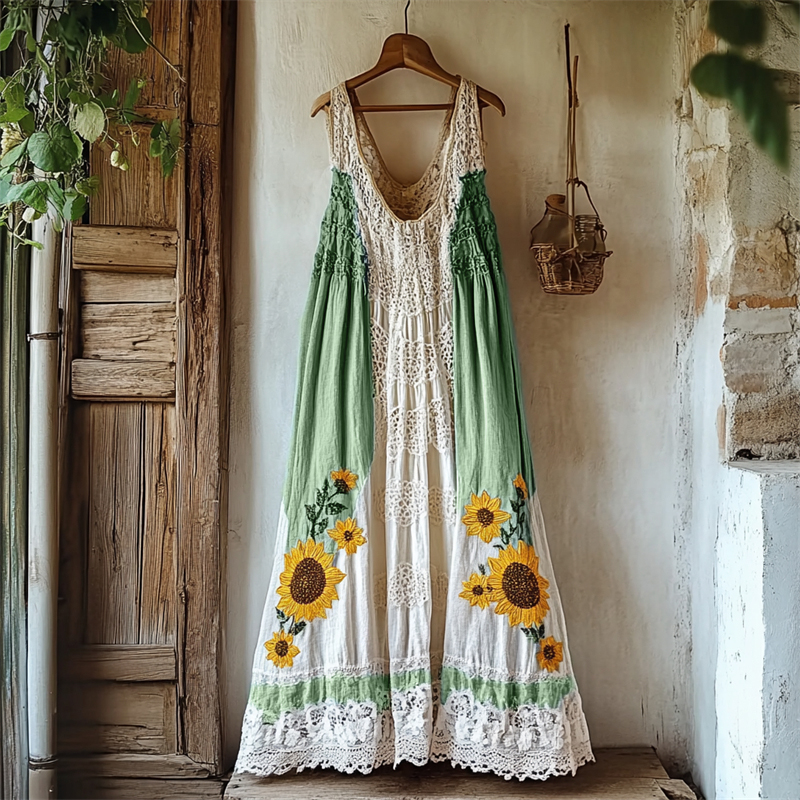 Boho Sunflowers Embroidered Gradient Lace Patchwork Linen Dress