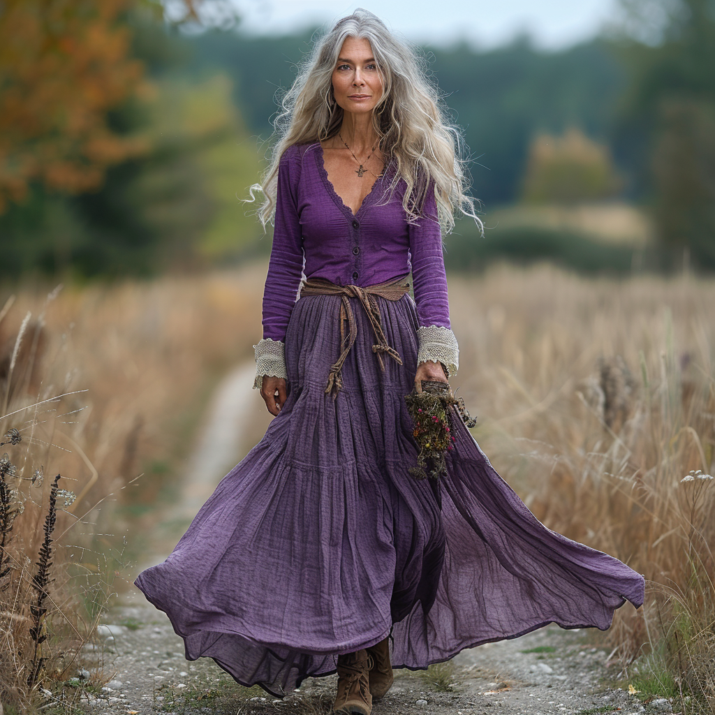 Women's Vintage V-neck Linen Long-sleeve Maxi Long Dress