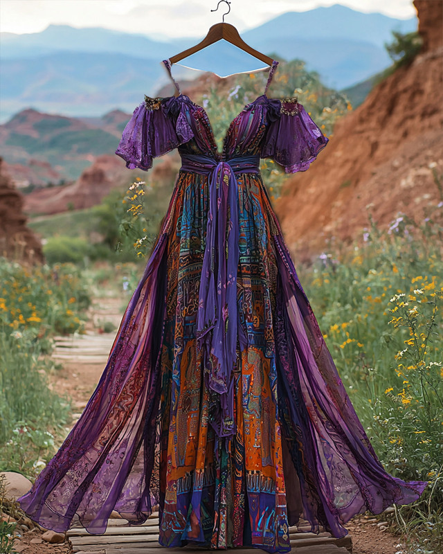 Summer vacation bohemian hand embroidered chiffon dress