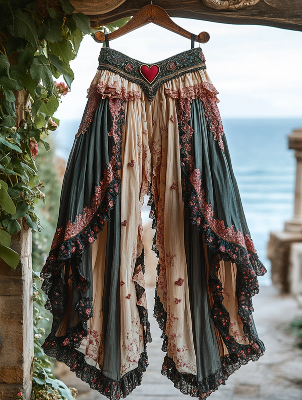 Summer ruffled cotton and linen patchwork contrast color pants