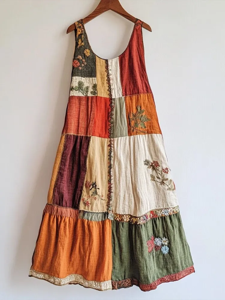 Vintage Floral Embroidered Patchwork Linen Blend Dress