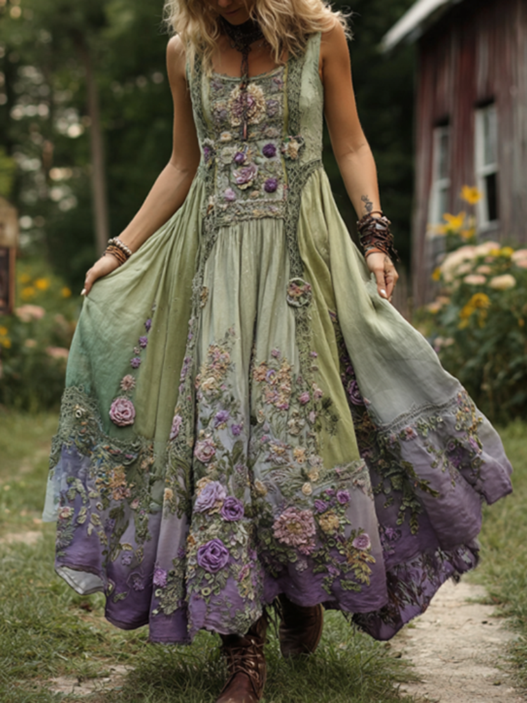 Classy Gradient Purple Lavender And Floral Embroidered Linen Maxi Dress