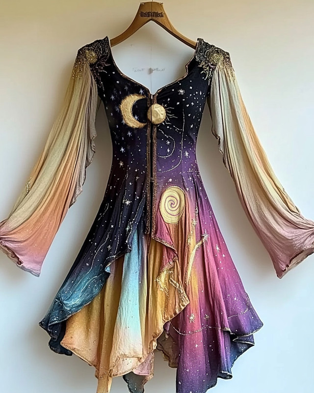 Holiday handmade color matching star and moon embroidery irregular dress