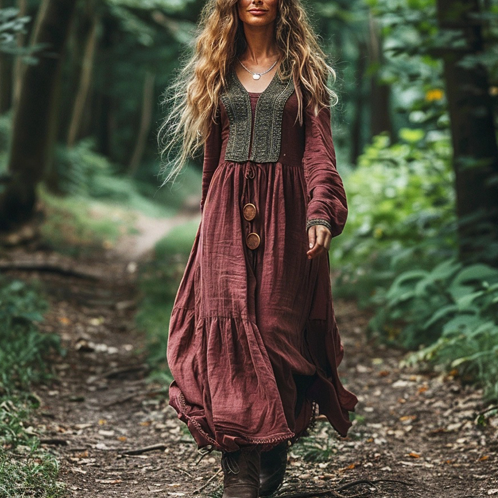 Women's Linen Bohemian Long-sleeve Casual Maxi Long Dress