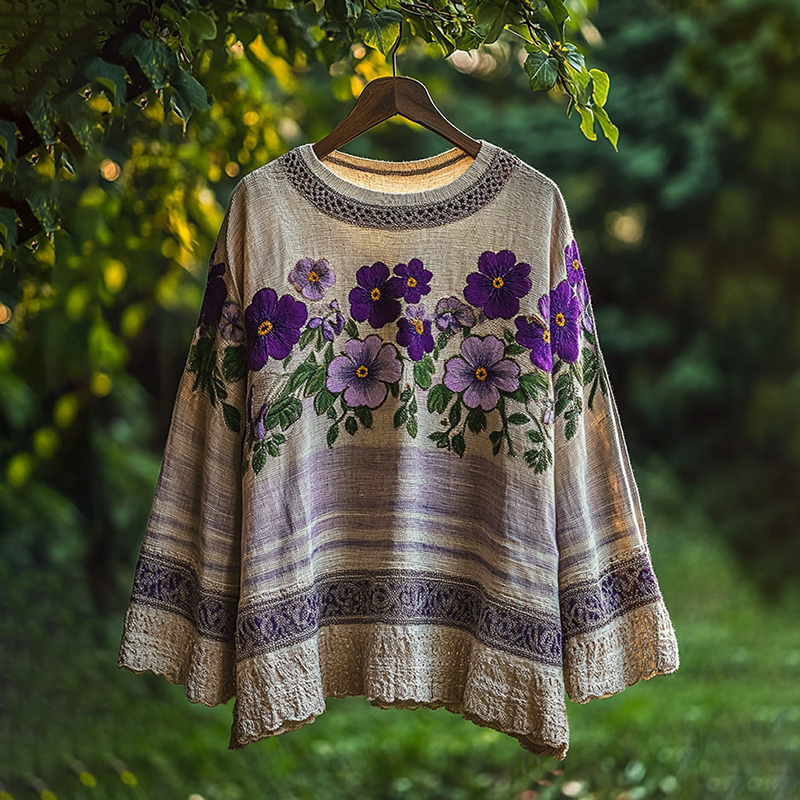 Women's Vintage Floral Embroidery Linen Blend Loose T-shirt