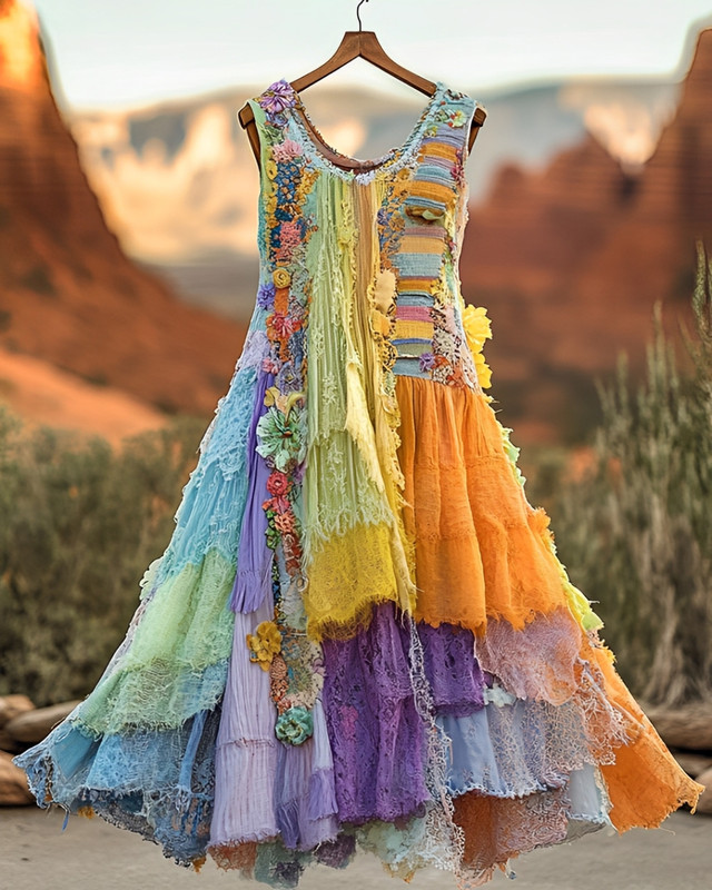 Vintage Floral Embroidered Lace Patchwork Dress