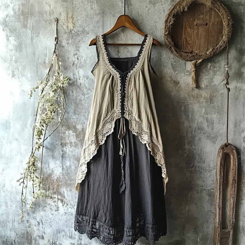 Vintage Lace Hem Layered Linen Tank Dress