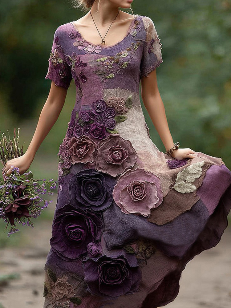 Classy Purple  Floral Embroidered And Patchwork Art Linen Maxi Dress