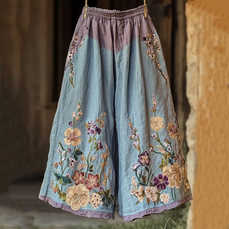 Vintage Floral Embroidered Art Casual Linen Pants