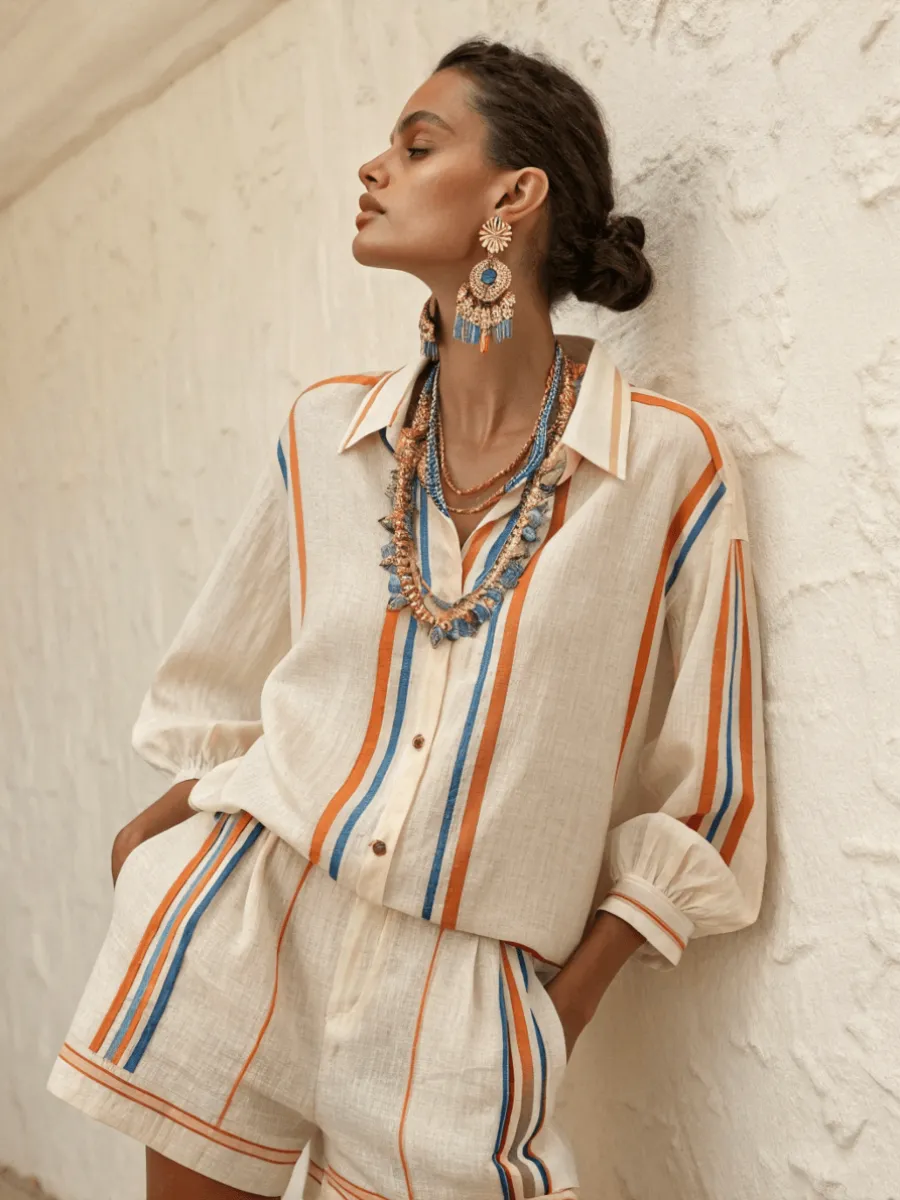 Cotton and linen women's shirt and shorts set