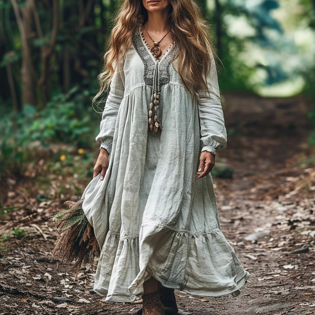 Women's Bohemian Linen Ethnic Solid Casual Maxi Long Dress