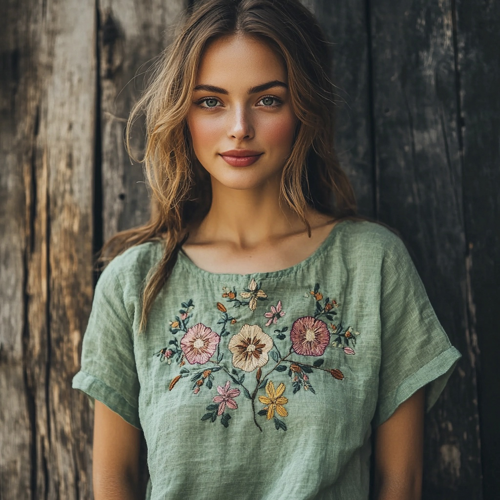 Boho Ethnic Floral Embroidery Women's Linen T-shirt