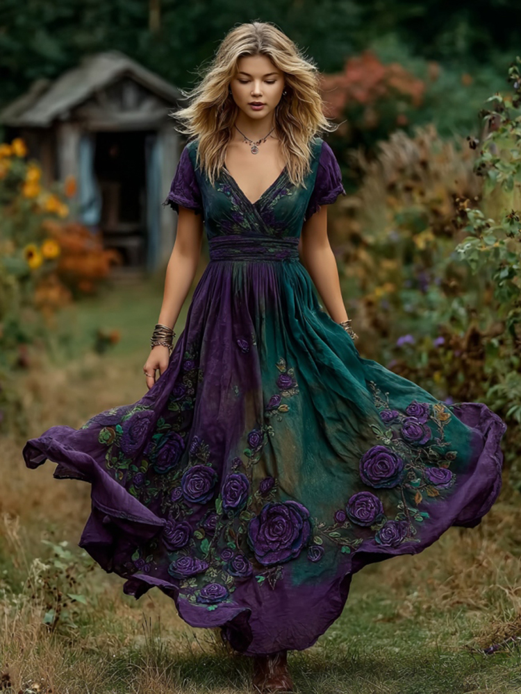 Women's Boho Purple Rose Embroidered Short Sleeve Maxi Dress