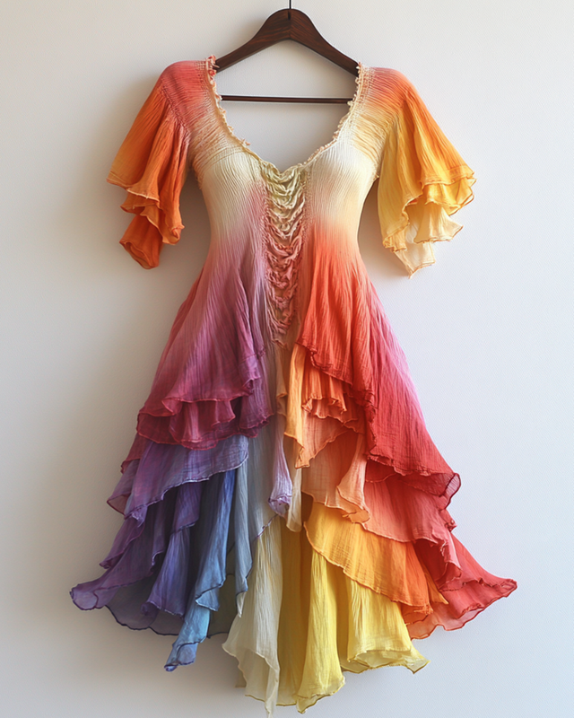 Rainbow Tie-Dye Ruffle Short Sleeve Chiffon Dress