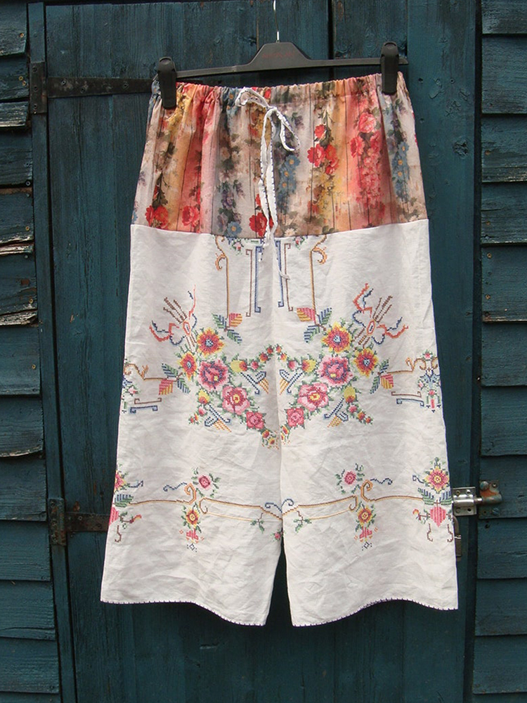 Vintage Remake Embroidered Distressed Floral Lounge Pants
