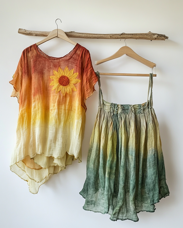 Vacation Sunflowers Handmade Color-Blocking Rainbow Irregular Top + Shorts Two Piece Set