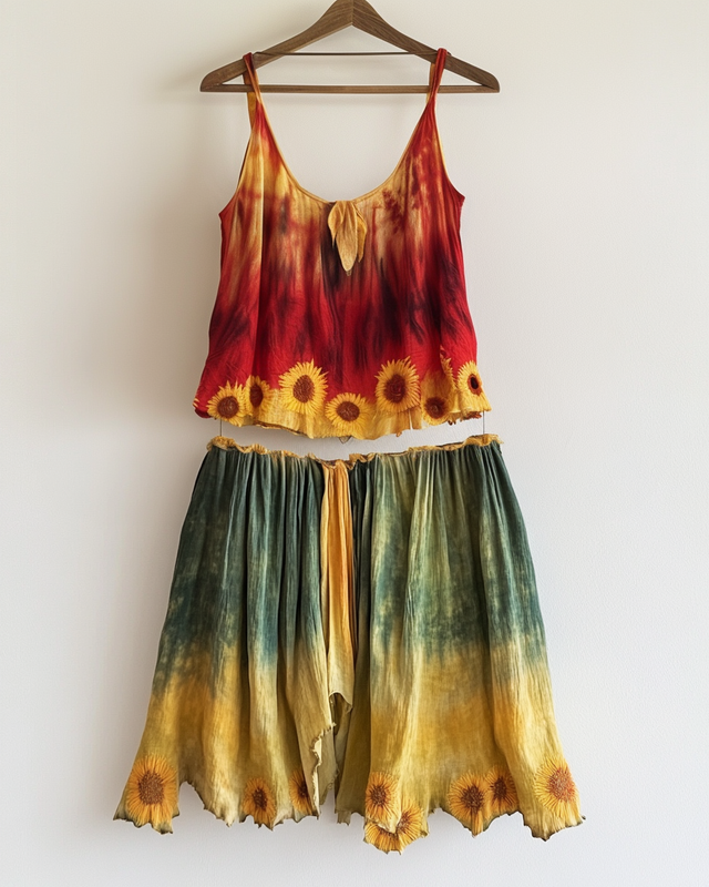 Vacation Sunflower Handmade Color-Blocking Rainbow Irregular Two Piece Set