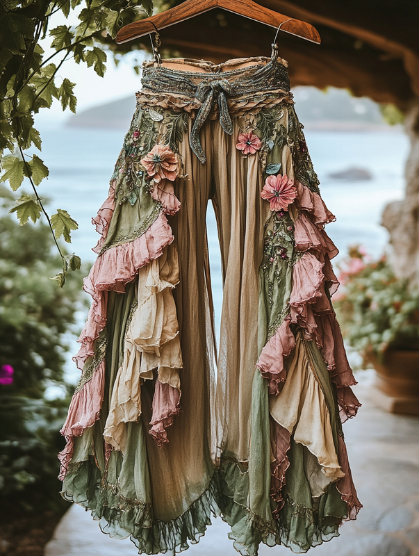 Summer ruffled cotton and linen patchwork contrast color pants