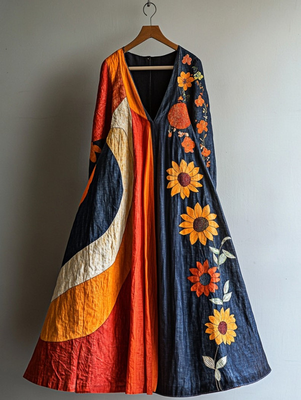 Fashionable bold contrast color popular sunflower print dress